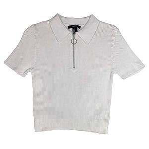 Forever 21 White Ribbed Half Zip Collar Crop Top
